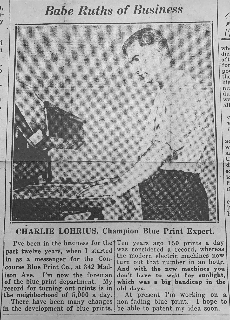Vintage newspaper clipping titled Babe Ruths of Business featuring Charlie Lohrius, a champion blueprint expert, at a blueprint machine